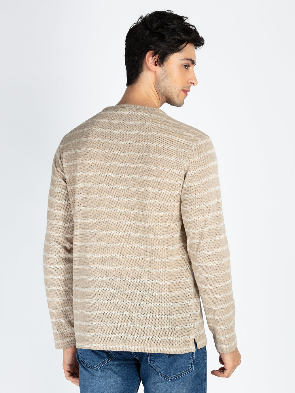 Mens Striped Henley Neck Full Sleeve T-Shirt