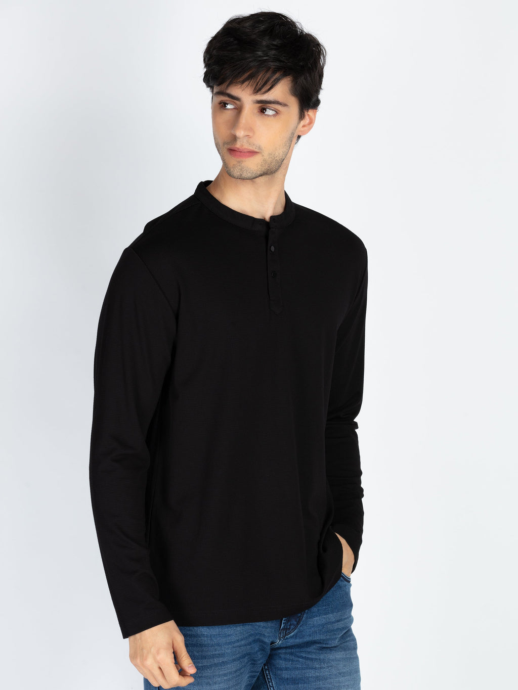 Men's Solid Henley Neck Full Sleeve T-Shirt