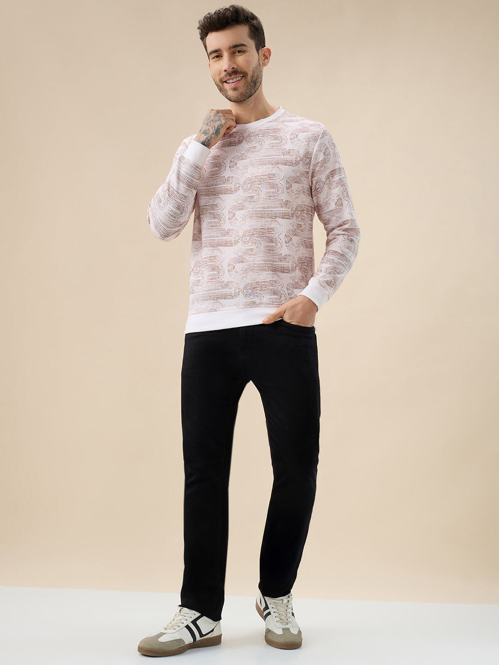 Men's All-Over Abstract  Print Full Sleeves Round Neck Regular Fit Lightweight Sweatshirt