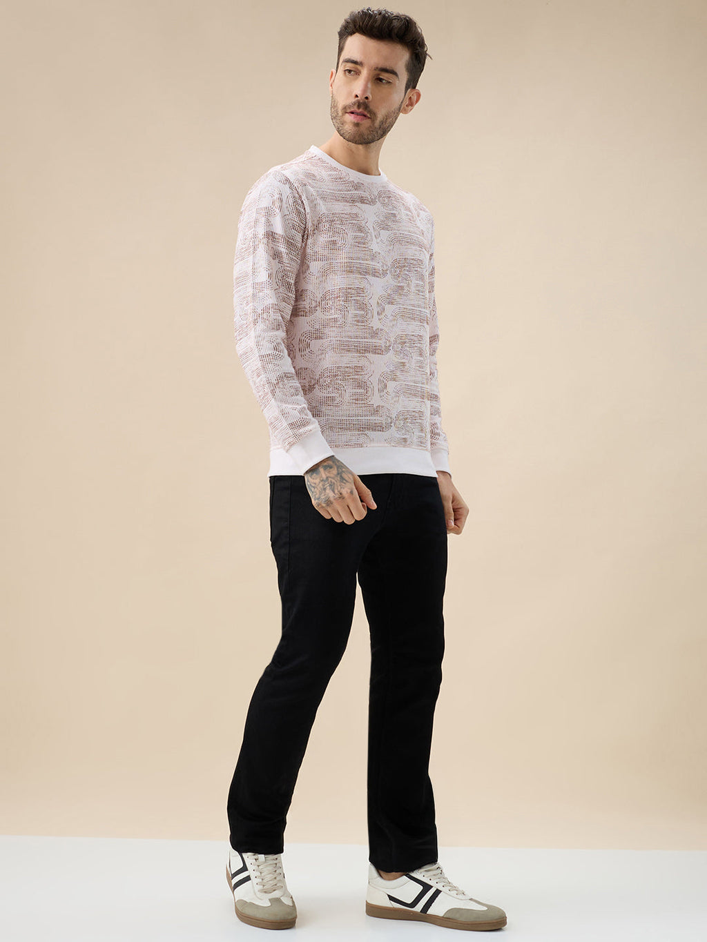 Men's All-Over Abstract  Print Full Sleeves Round Neck Regular Fit Lightweight Sweatshirt
