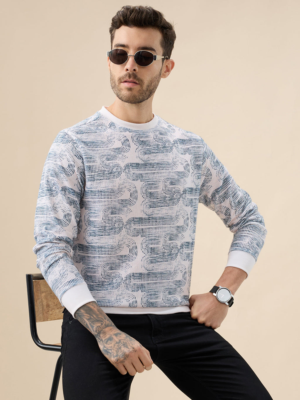 Men's All-Over Abstract  Print Full Sleeves Round Neck Regular Fit Lightweight Sweatshirt