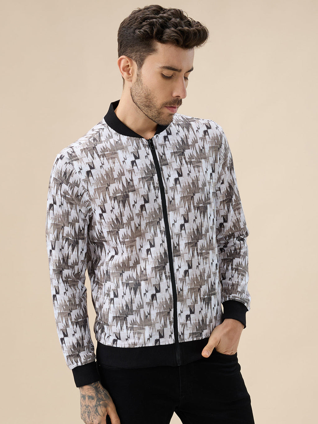 Men's Abstract Print Mock Collar Full Sleeves Sweatshirt with Front Zip Closure