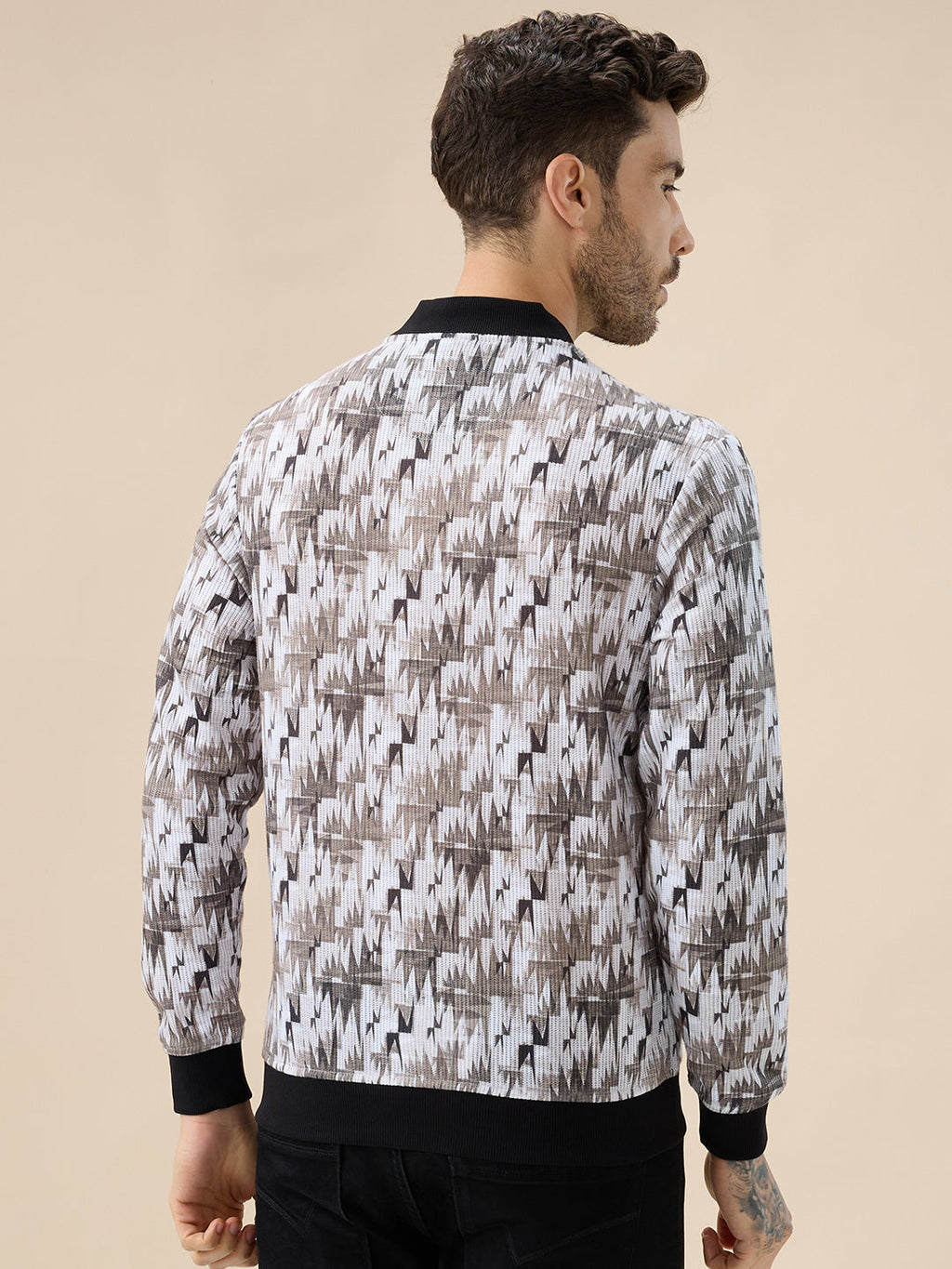 Men's Abstract Print Mock Collar Full Sleeves Sweatshirt with Front Zip Closure