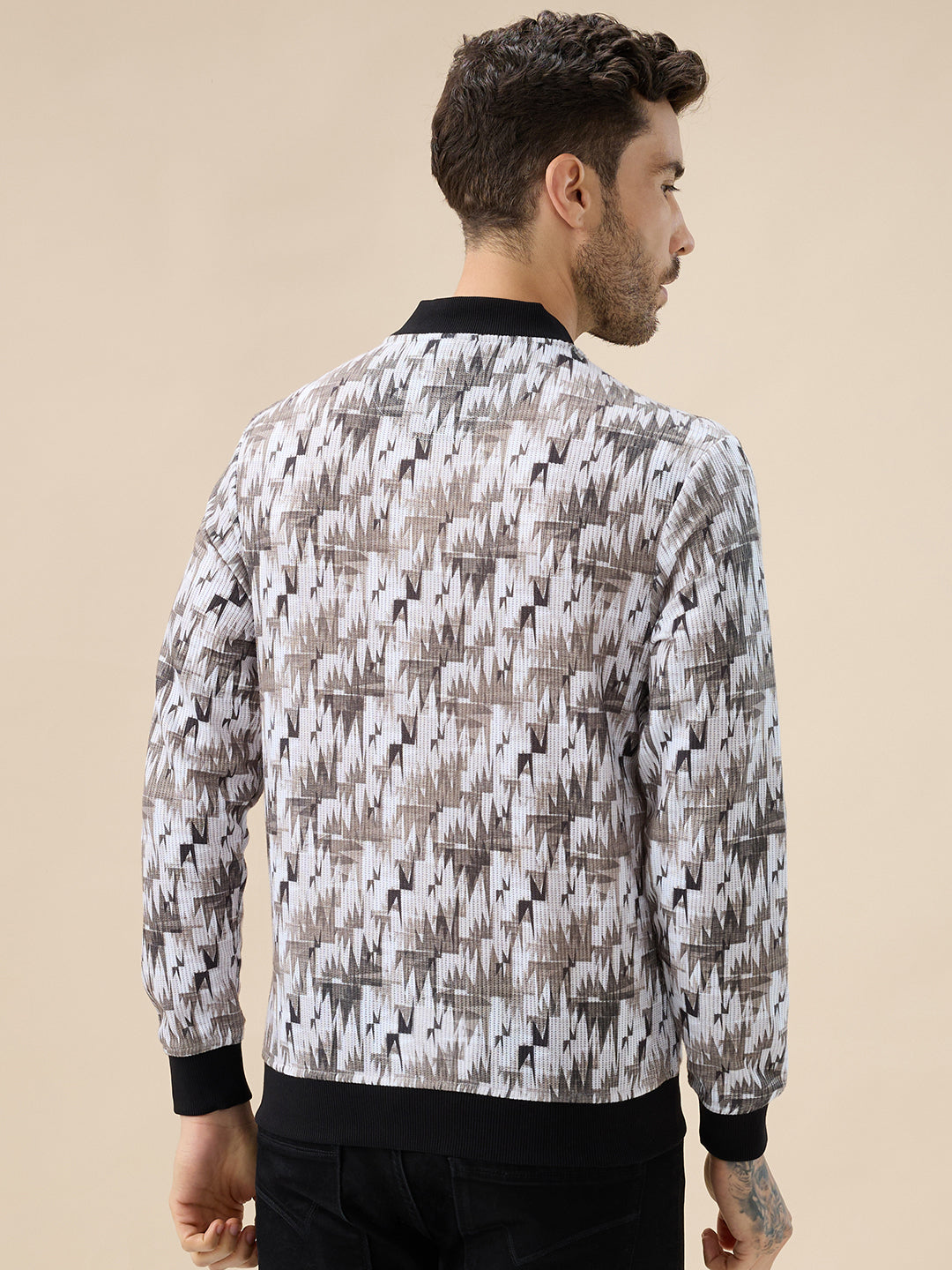 Men's Abstract Print Mock Collar Full Sleeves Sweatshirt with Front Zip Closure