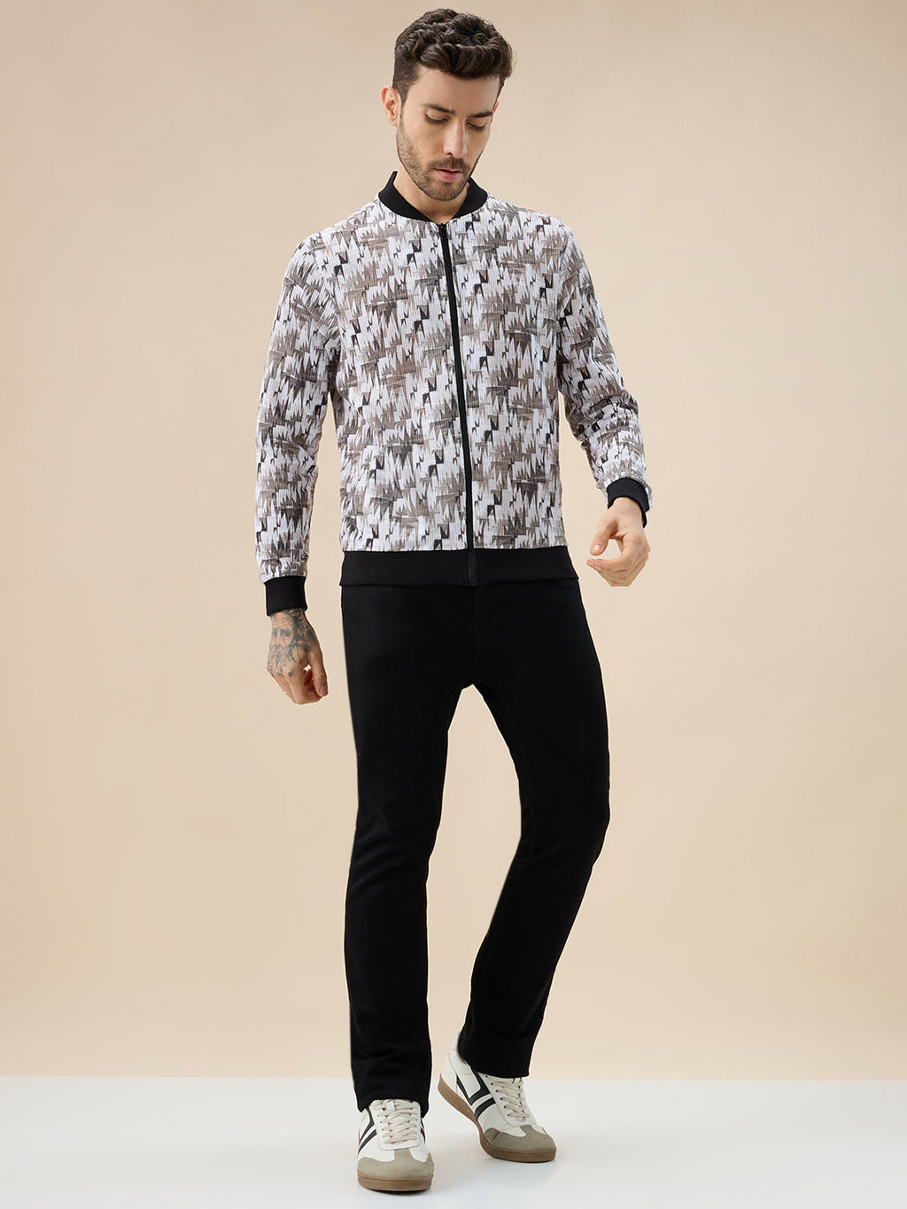 Men's Abstract Print Mock Collar Full Sleeves Sweatshirt with Front Zip Closure
