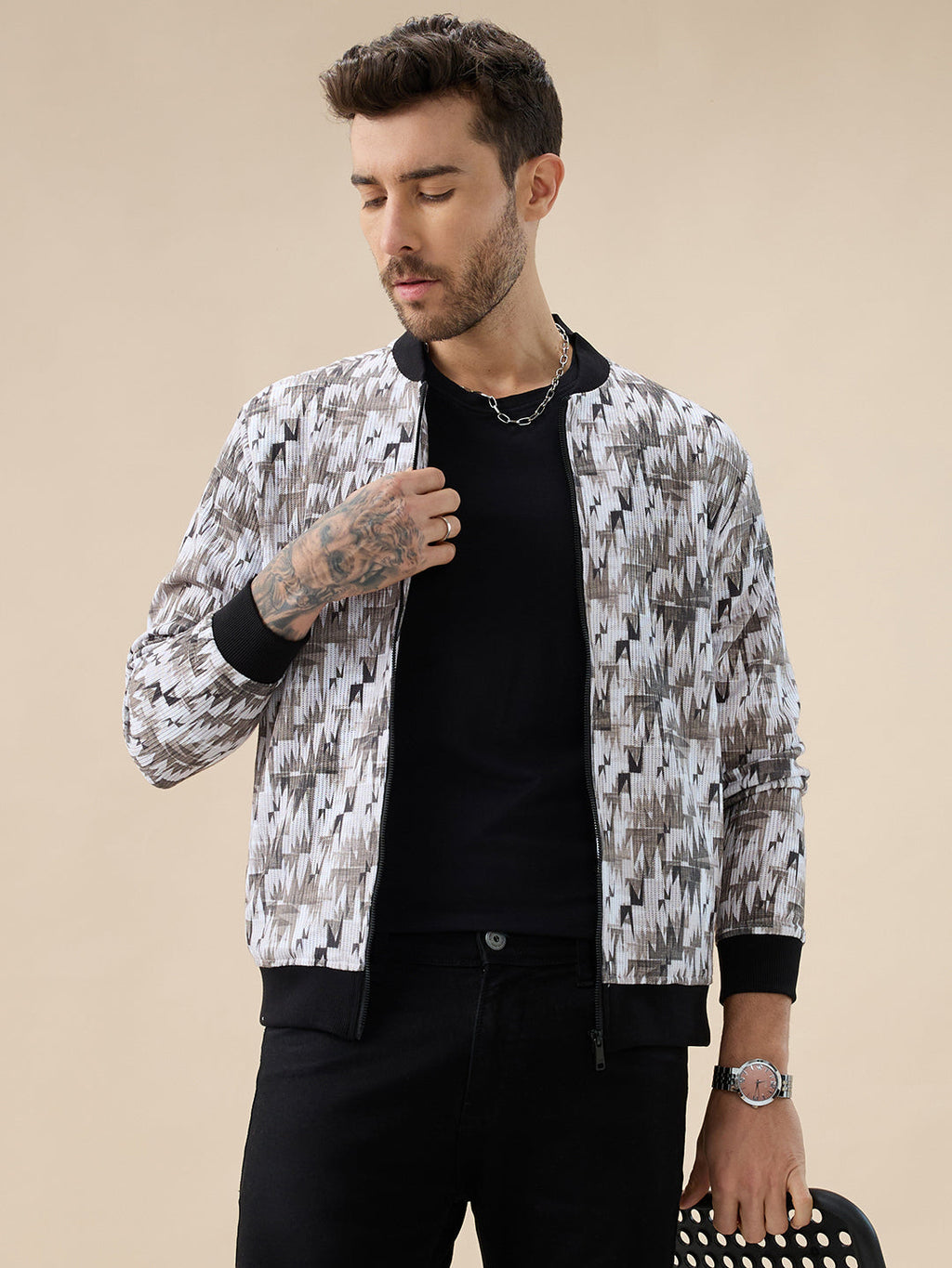 Men's Abstract Print Mock Collar Full Sleeves Sweatshirt with Front Zip Closure