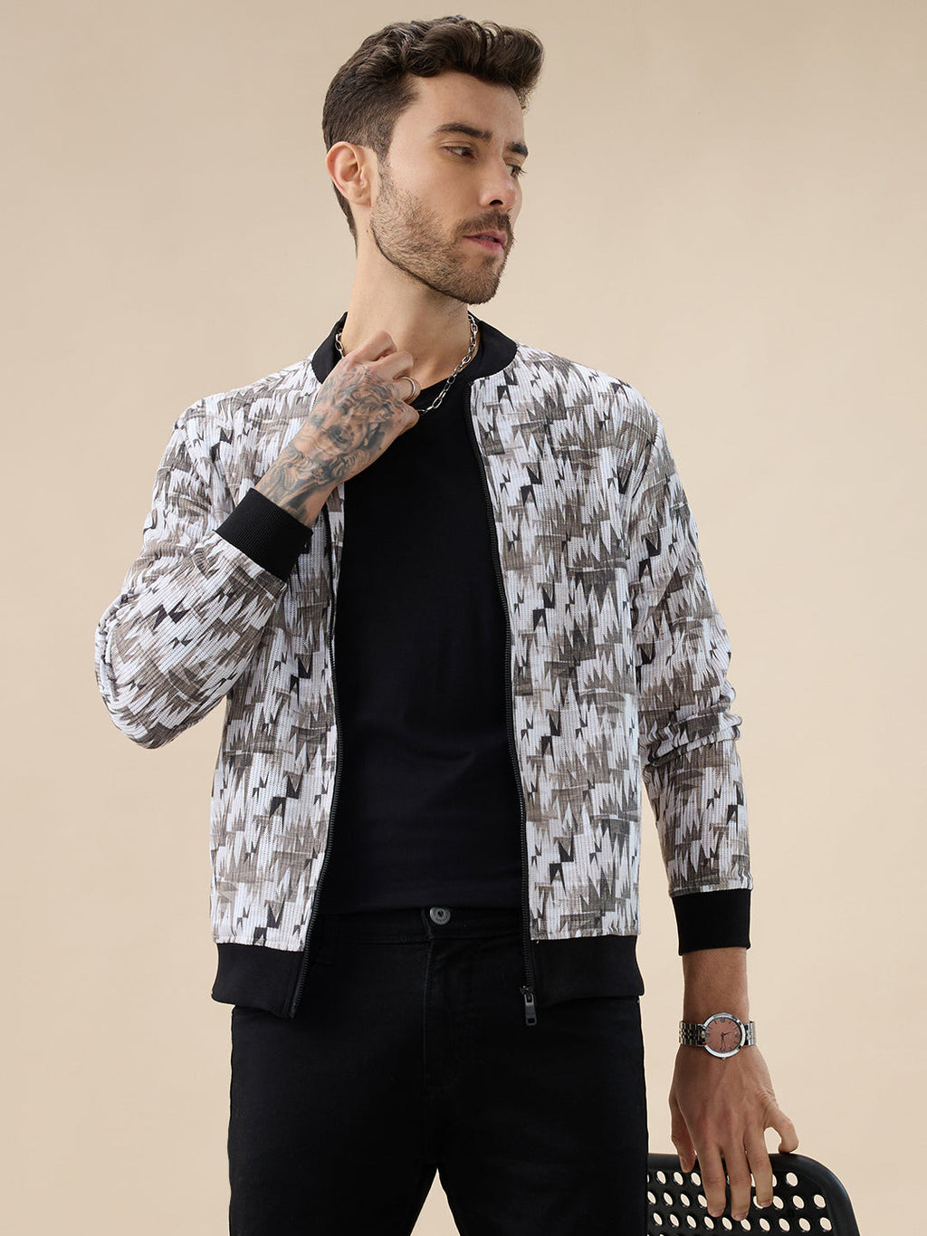 Men's Abstract Print Mock Collar Full Sleeves Sweatshirt with Front Zip Closure