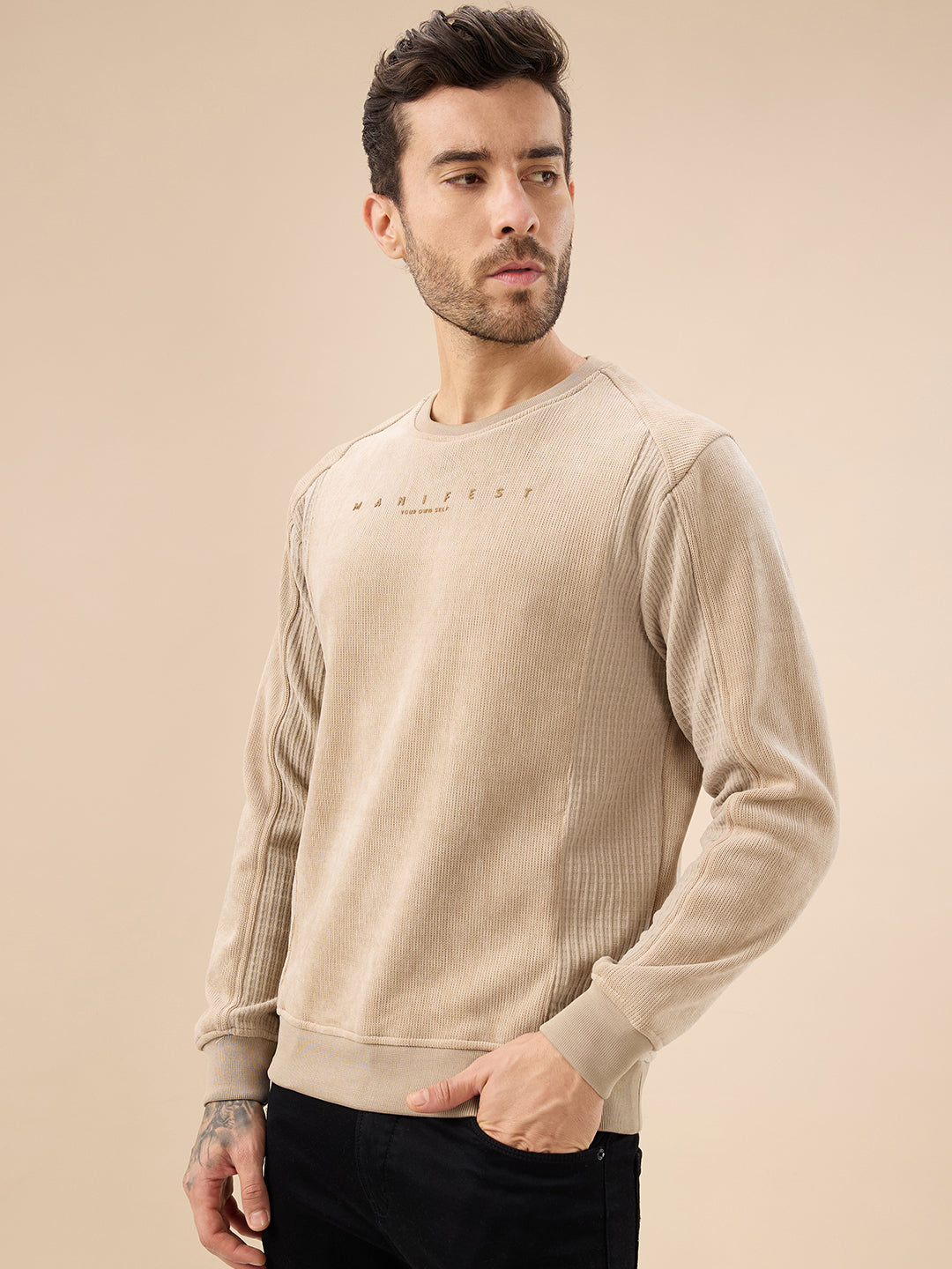 Men's Textured Chest Typography Print Full Sleeves Round Neck Regular Fit Sweatshirt Secondary image