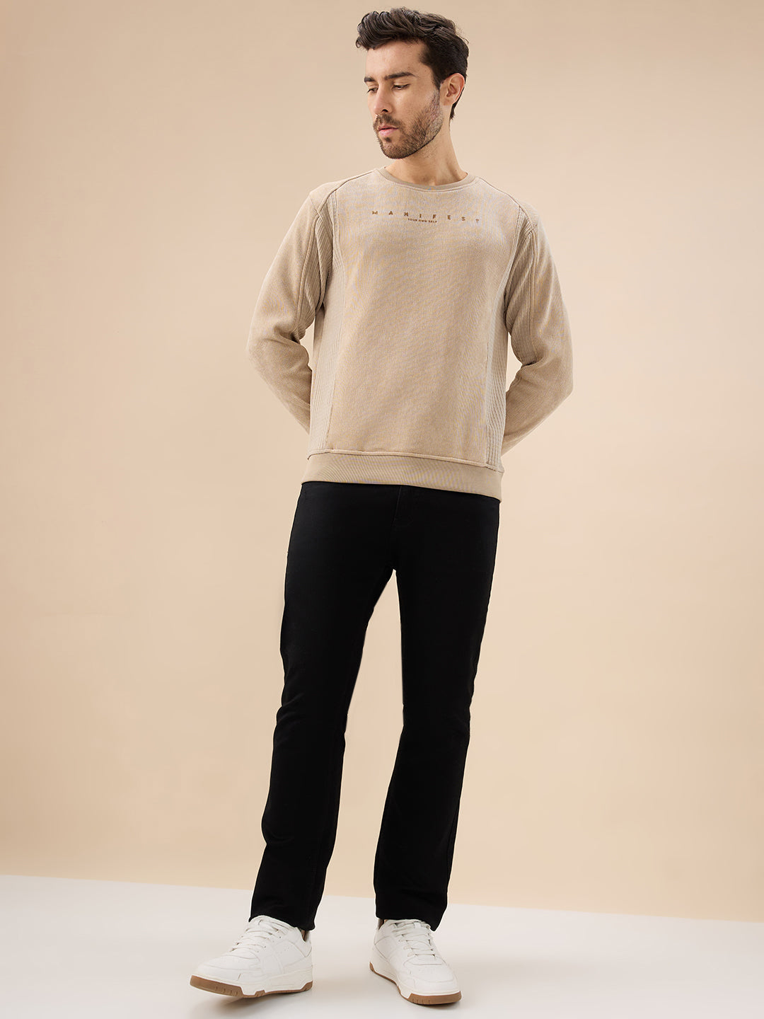 Men's Textured Chest Typography Print Full Sleeves Round Neck Regular Fit Sweatshirt