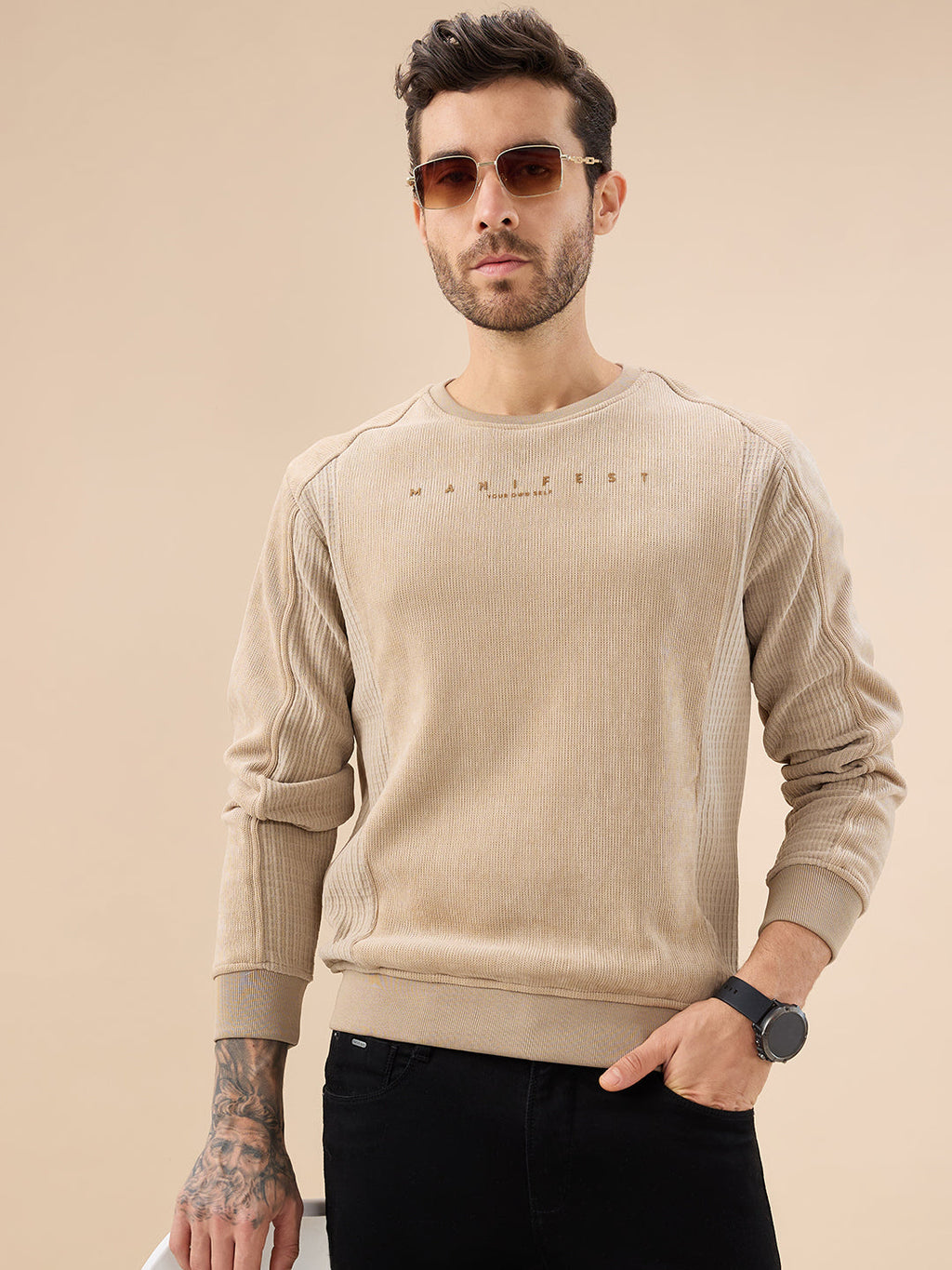 Men's Textured Chest Typography Print Full Sleeves Round Neck Regular Fit Sweatshirt