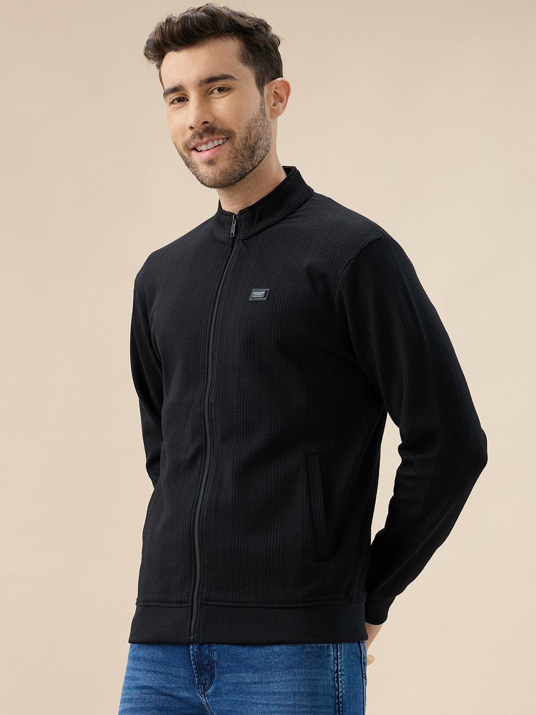 Mens Solid Textured Mock Neck Full Sleeves Sweatshirt with Zipper Closure