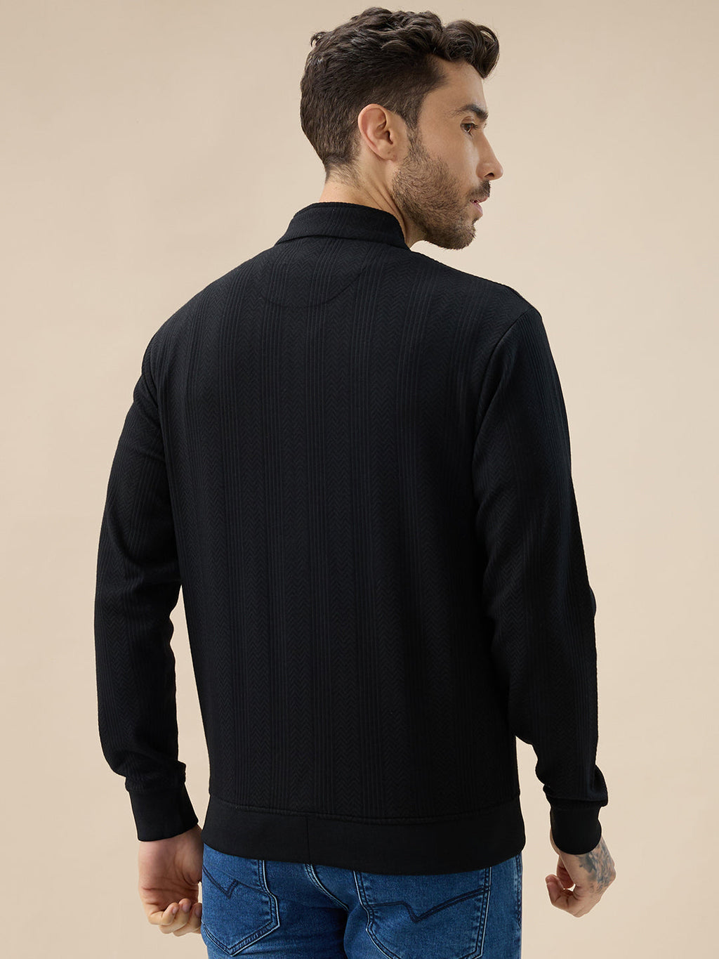 Mens Solid Textured Mock Neck Full Sleeves Sweatshirt with Zipper Closure