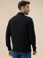 Mens Solid Textured Mock Neck Full Sleeves Sweatshirt with Zipper Closure