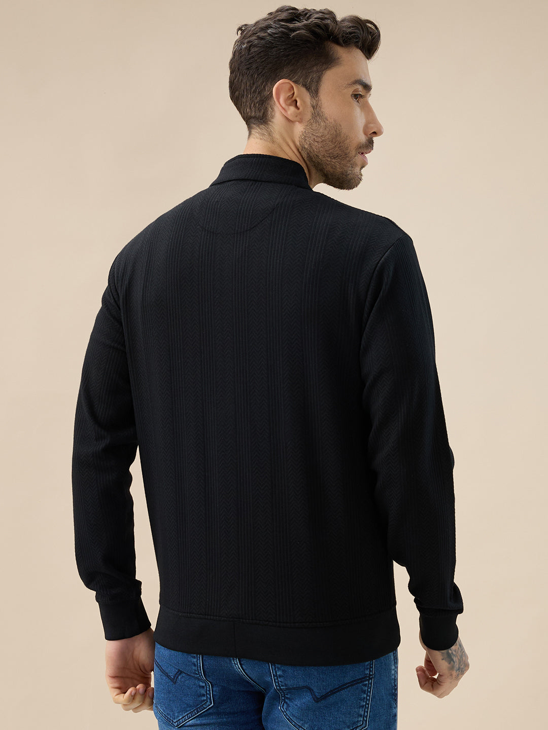 Mens Solid Textured Mock Neck Full Sleeves Sweatshirt with Zipper Closure