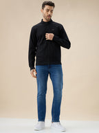 Mens Solid Textured Mock Neck Full Sleeves Sweatshirt with Zipper Closure