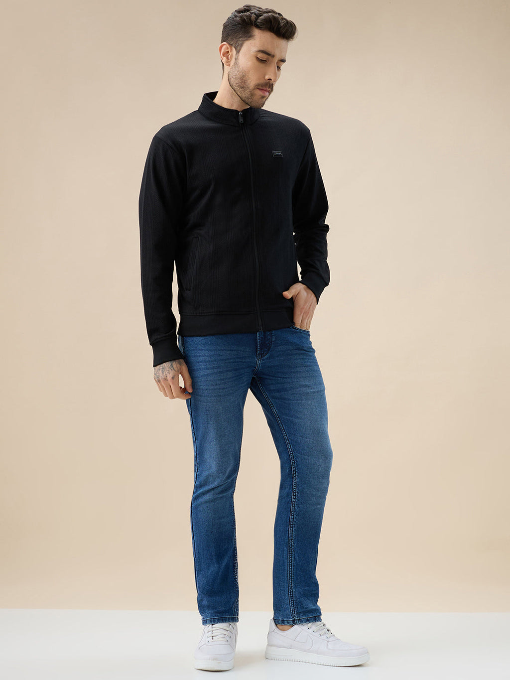Mens Solid Textured Mock Neck Full Sleeves Sweatshirt with Zipper Closure