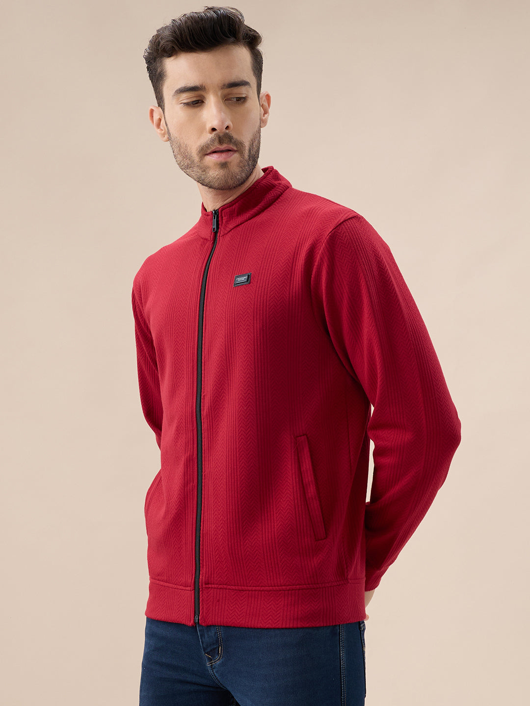Men's Solid Textured Mock Neck Full Sleeves Sweatshirt with Zipper Closure
