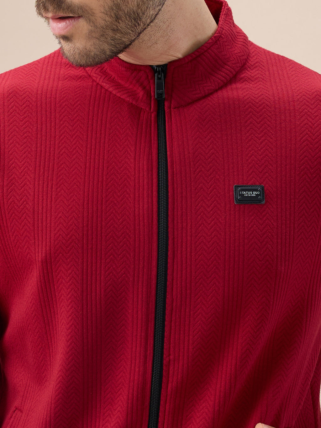 Men's Solid Textured Mock Neck Full Sleeves Sweatshirt with Zipper Closure