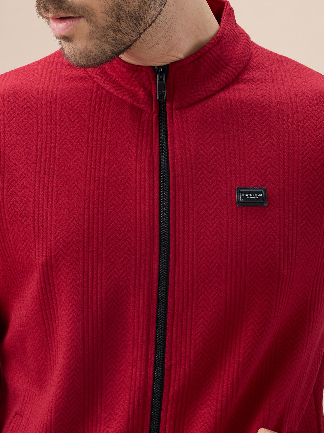 Men's Solid Textured Mock Neck Full Sleeves Sweatshirt with Zipper Closure