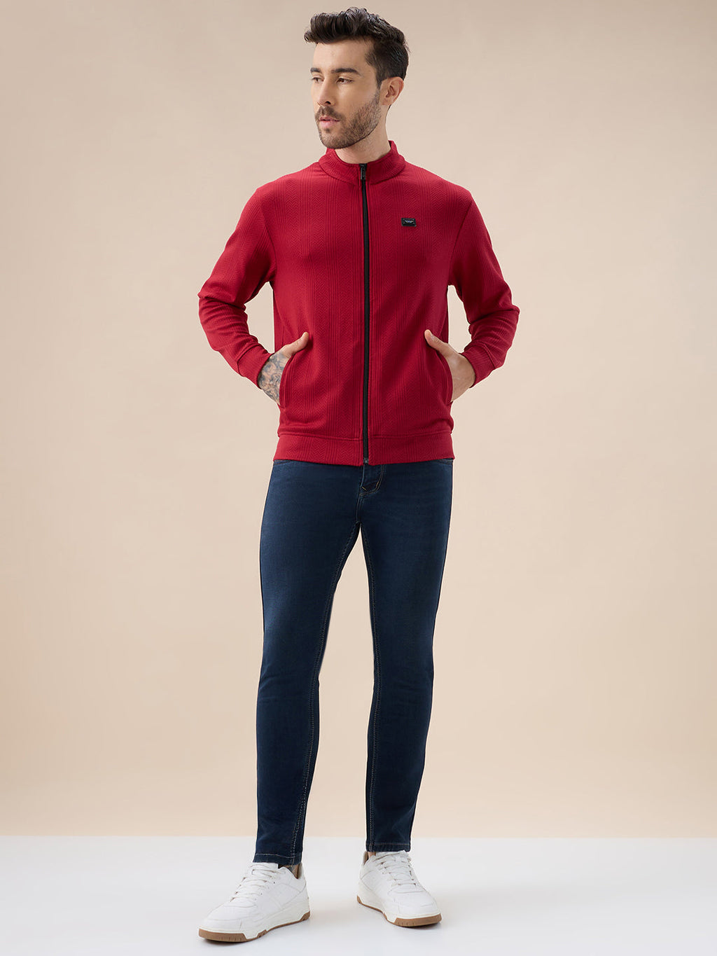 Men's Solid Textured Mock Neck Full Sleeves Sweatshirt with Zipper Closure