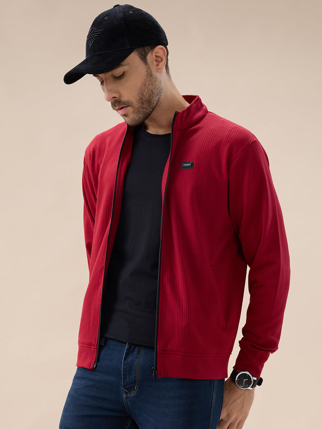 Men's Solid Textured Mock Neck Full Sleeves Sweatshirt with Zipper Closure