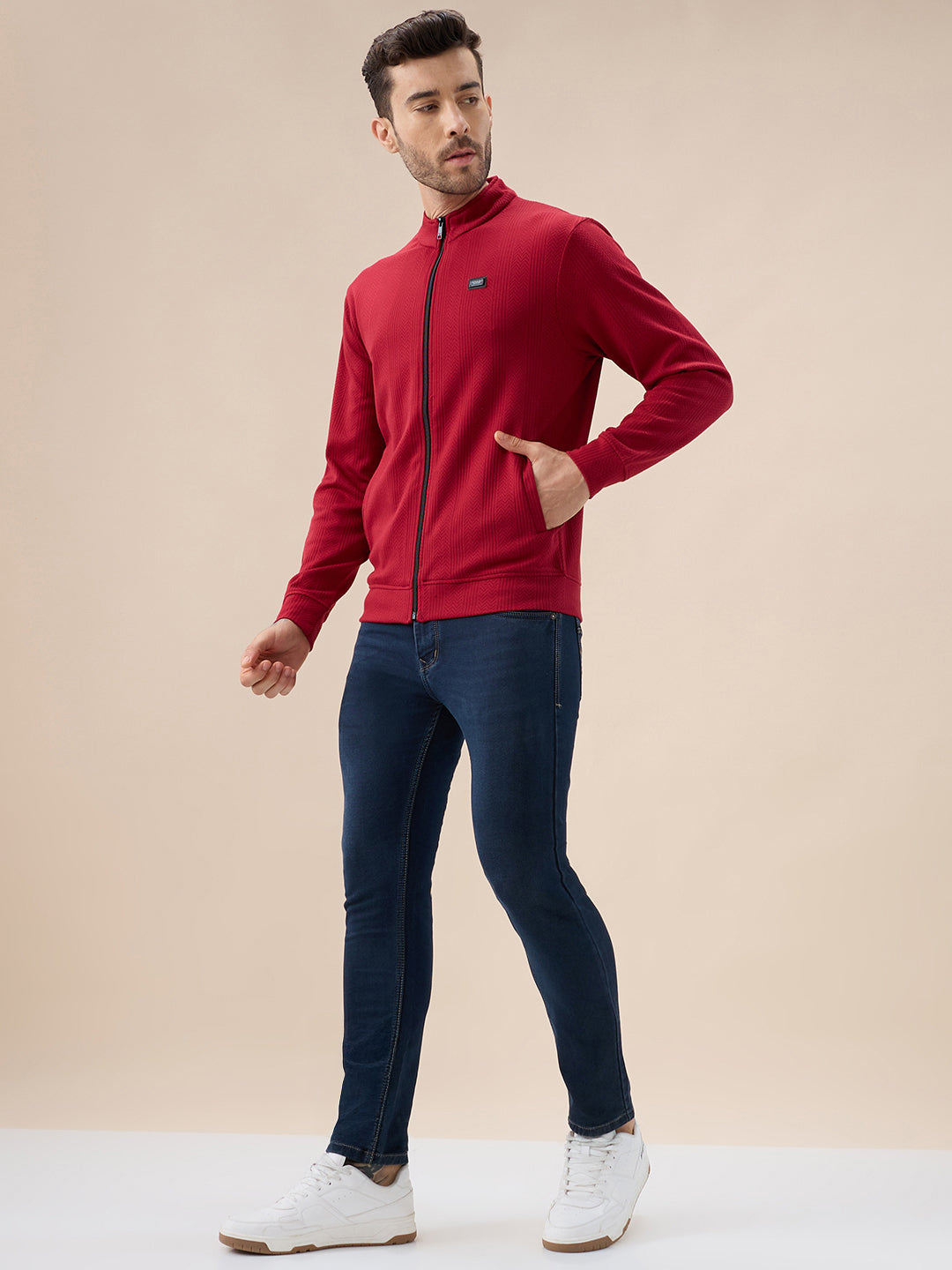 Men's Solid Textured Mock Neck Full Sleeves Sweatshirt with Zipper Closure