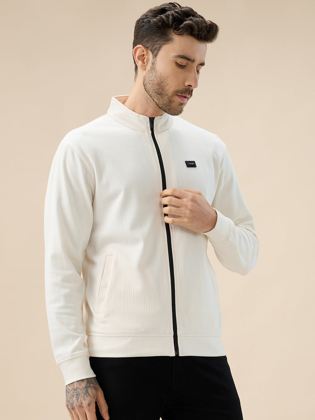 Men's Solid Textured Mock Neck Full Sleeves Sweatshirt with Zipper Closure Secondary image