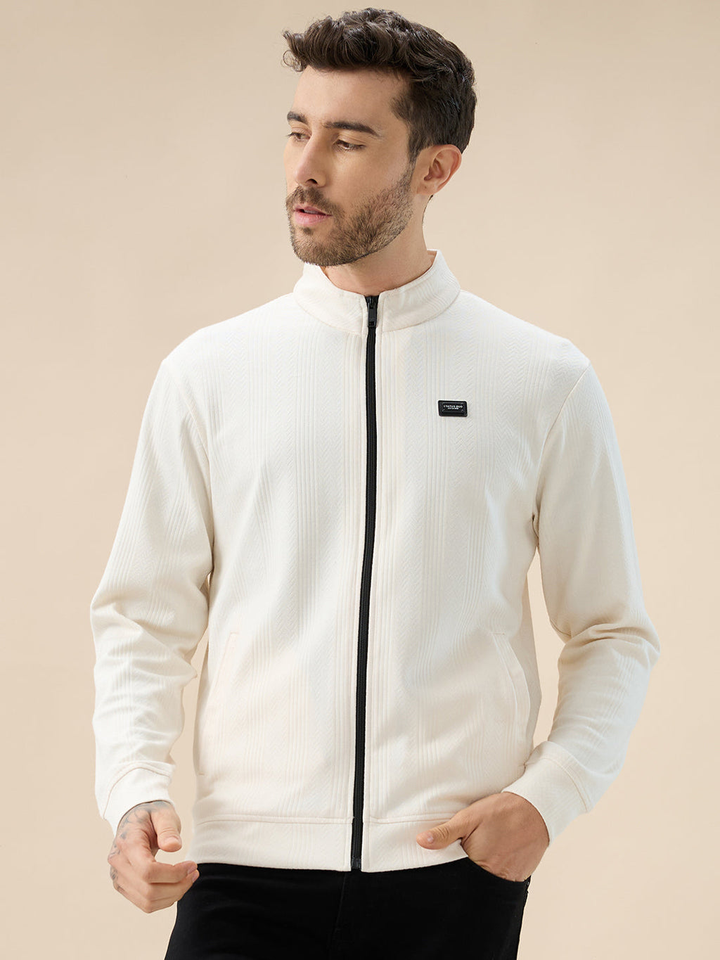 Men's Solid Textured Mock Neck Full Sleeves Sweatshirt with Zipper Closure
