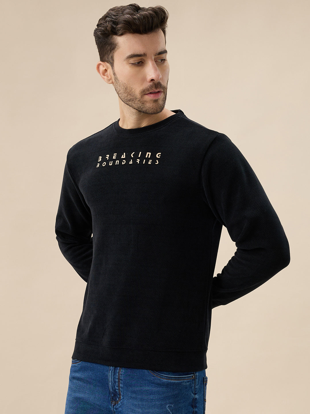 Mens Solid Chest Typography Print Round Neck Full Sleeves Textured Sweatshirt Secondary image