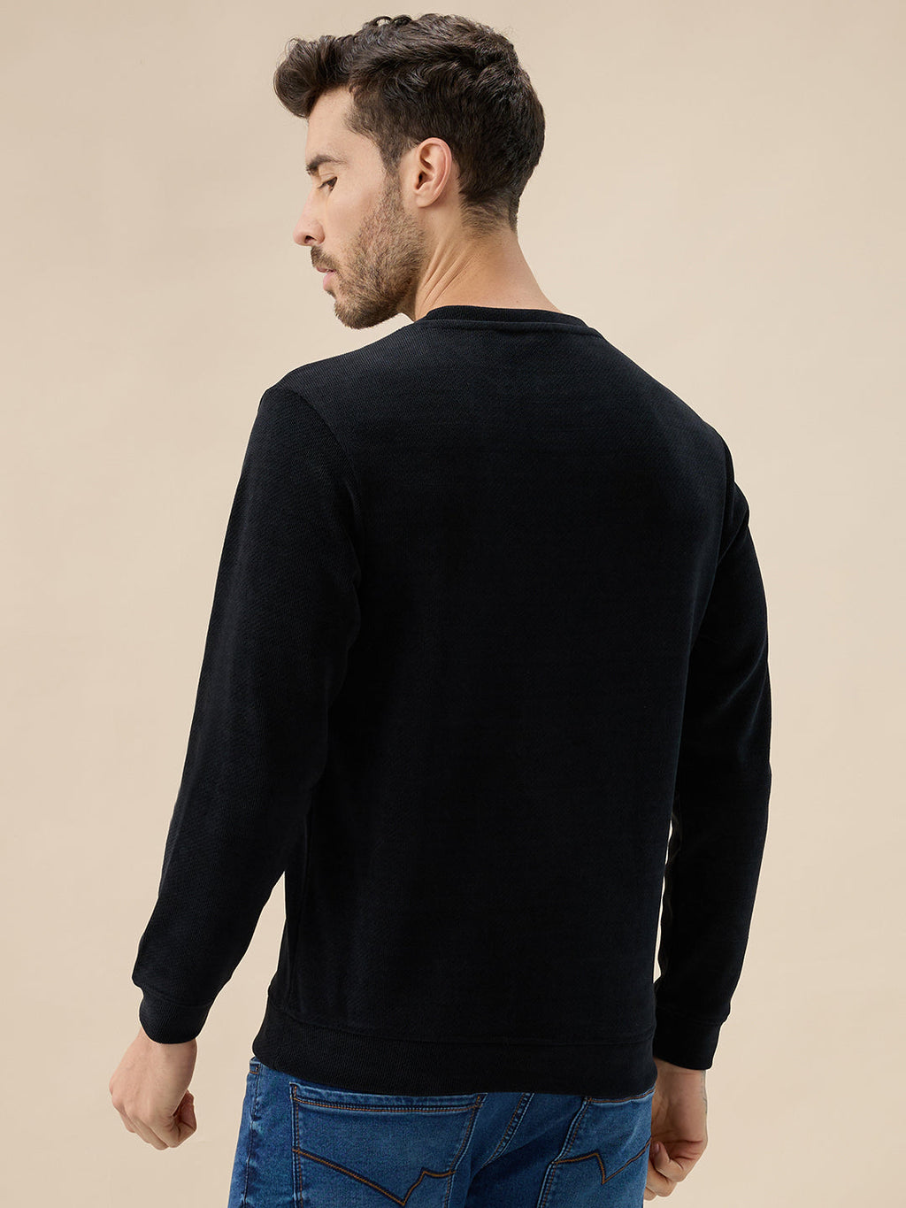 Mens Solid Chest Typography Print Round Neck Full Sleeves Textured Sweatshirt