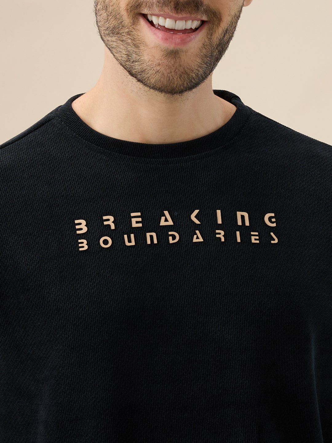 Mens Solid Chest Typography Print Round Neck Full Sleeves Textured Sweatshirt