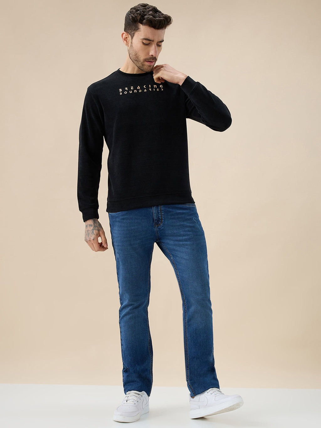 Mens Solid Chest Typography Print Round Neck Full Sleeves Textured Sweatshirt