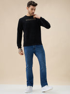 Mens Solid Chest Typography Print Round Neck Full Sleeves Textured Sweatshirt