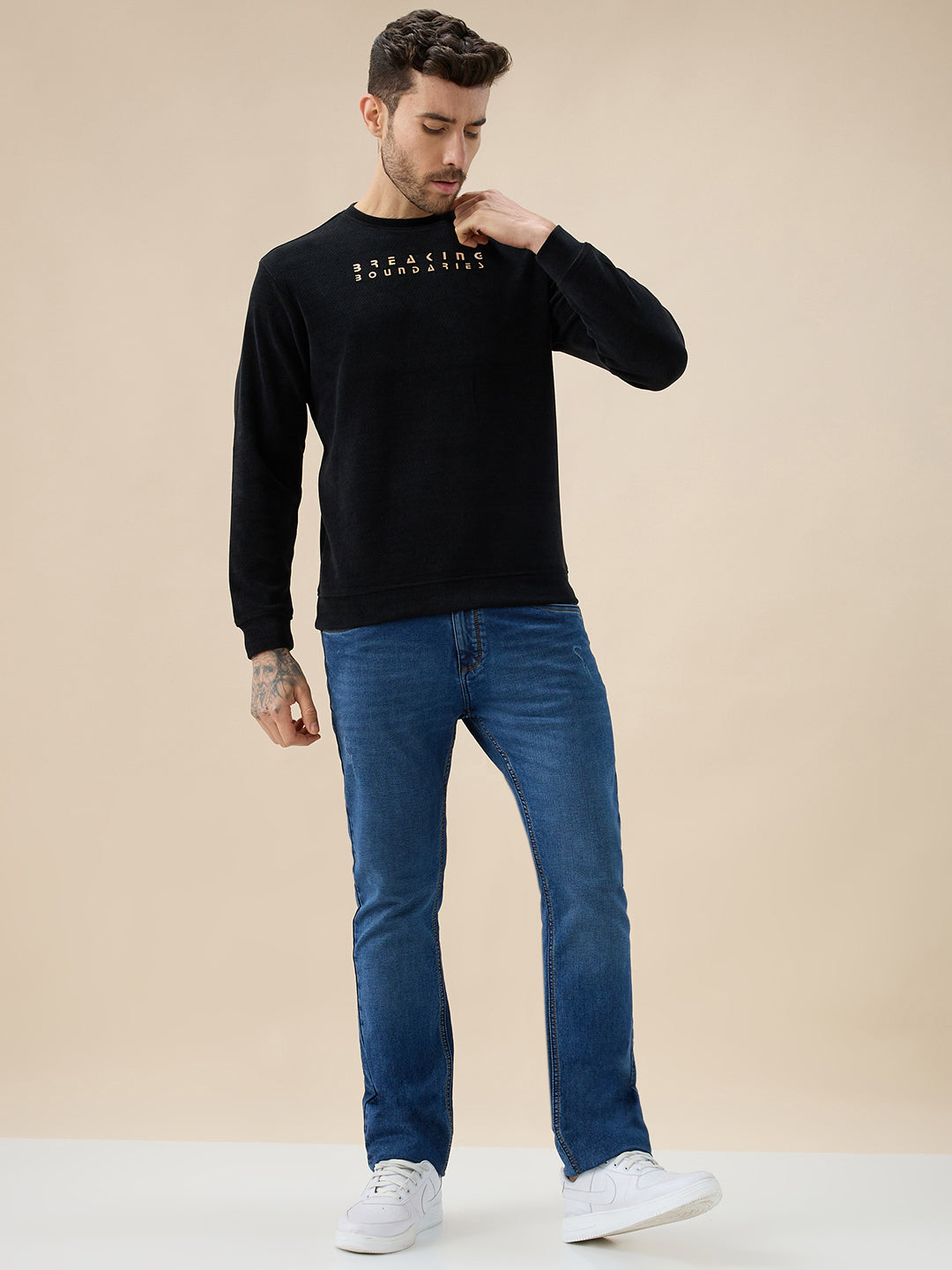Mens Solid Chest Typography Print Round Neck Full Sleeves Textured Sweatshirt