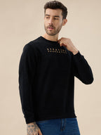 Mens Solid Chest Typography Print Round Neck Full Sleeves Textured Sweatshirt