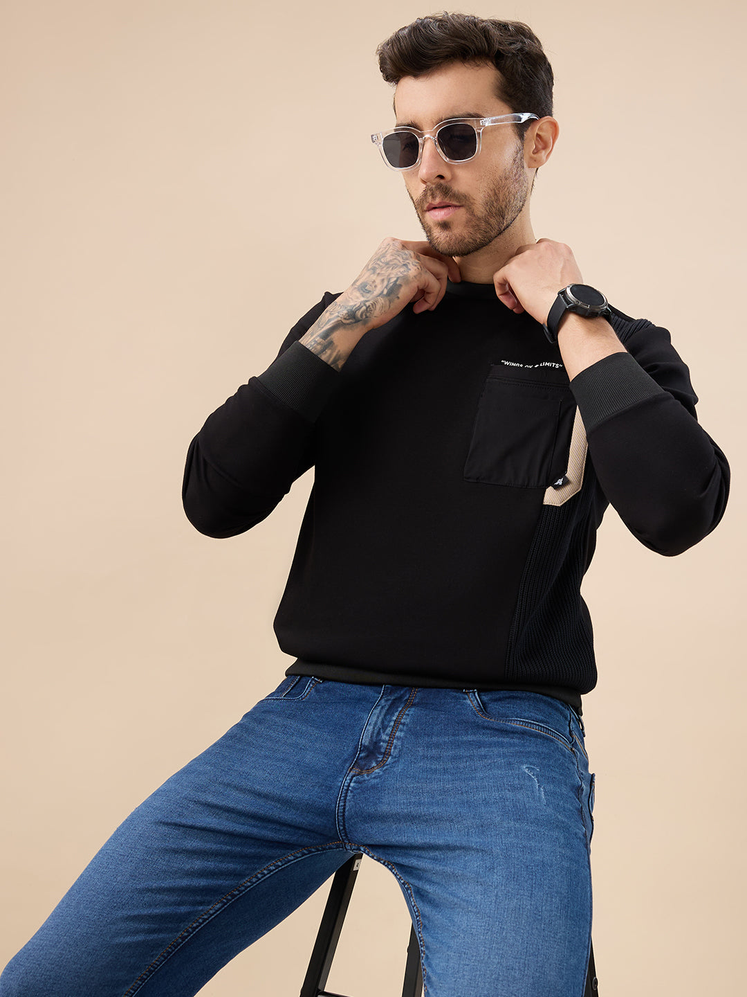 Men's Solid Round Neck Full Sleeve Sweatshirt with Chest Pocket