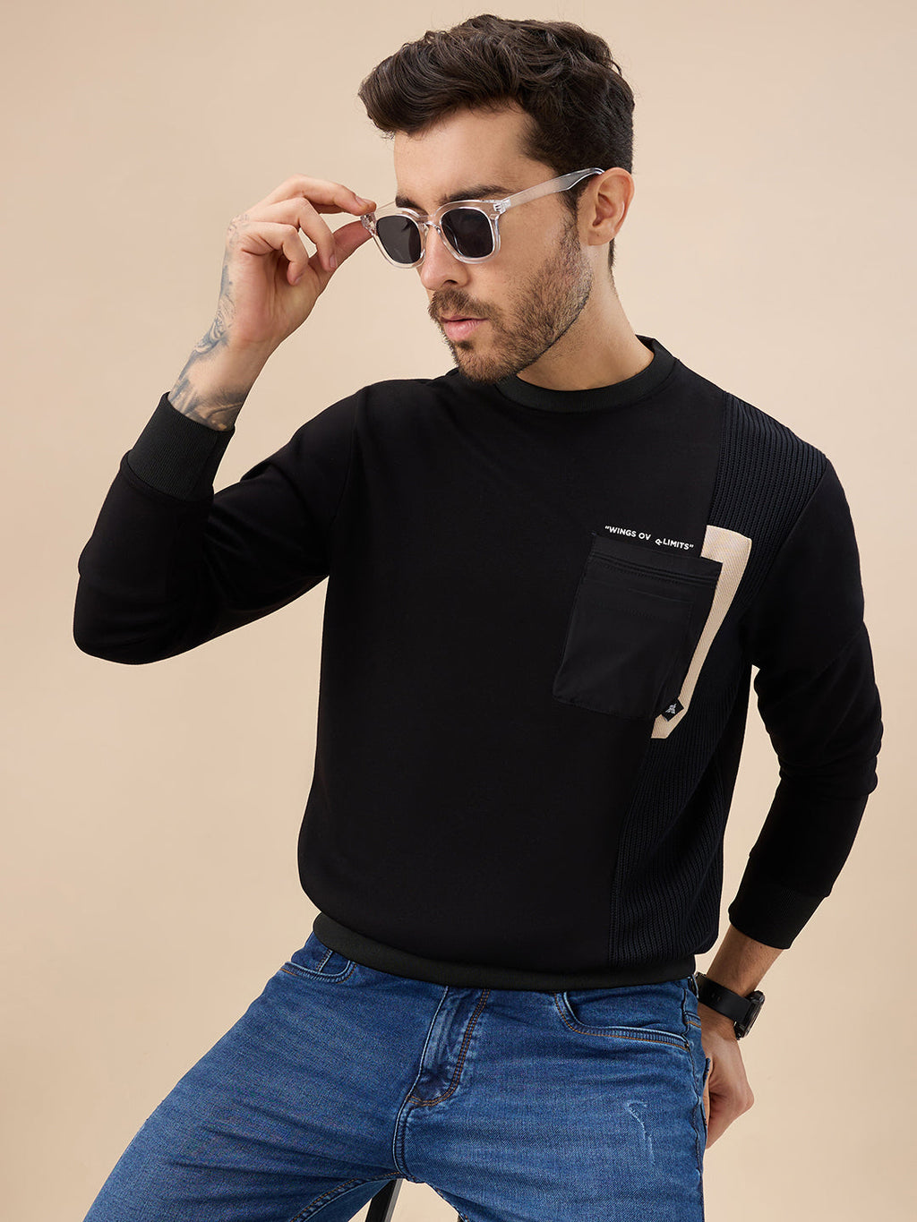 Men's Solid Round Neck Full Sleeve Sweatshirt with Chest Pocket