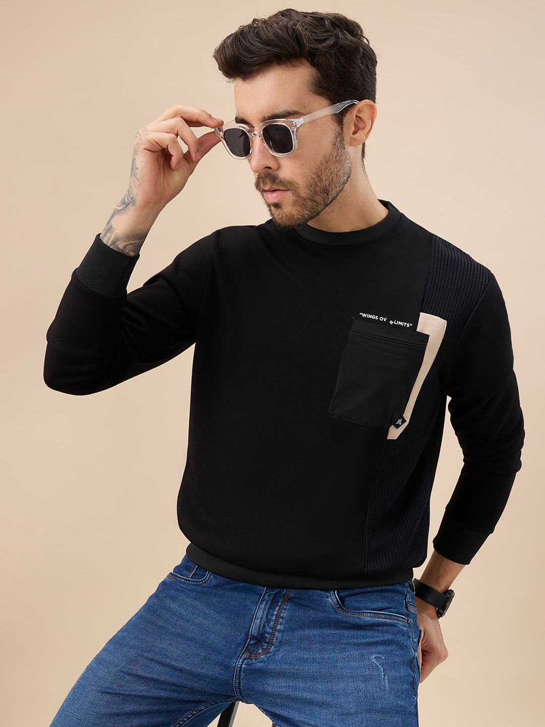 Men's Solid Round Neck Full Sleeve Sweatshirt with Chest Pocket