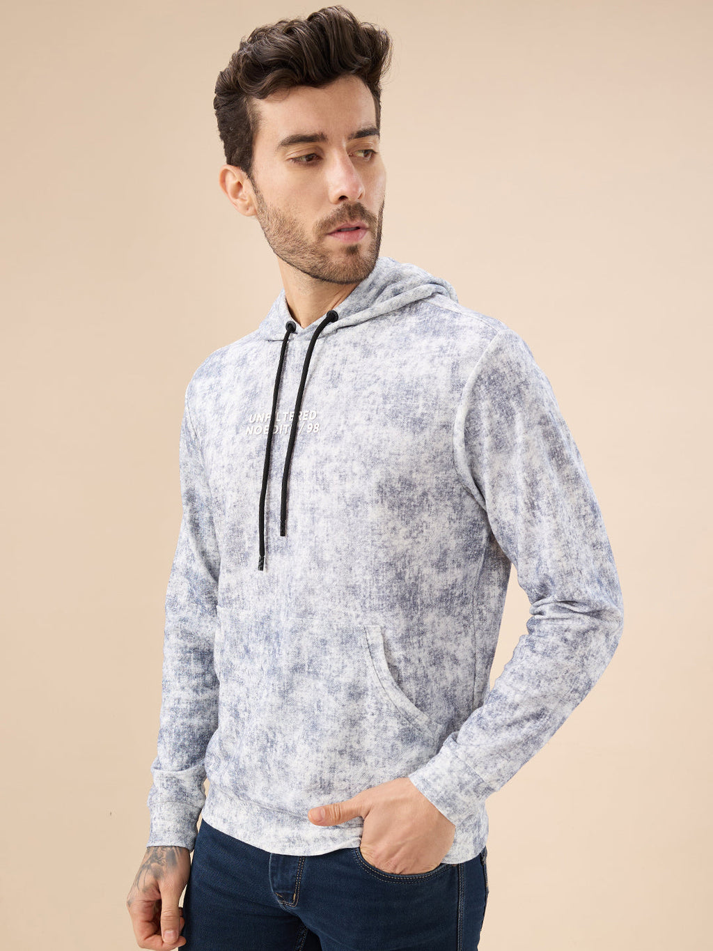 Mens Printed Full Sleeves Hooded Sweatshirt with Kangaroo Pocket