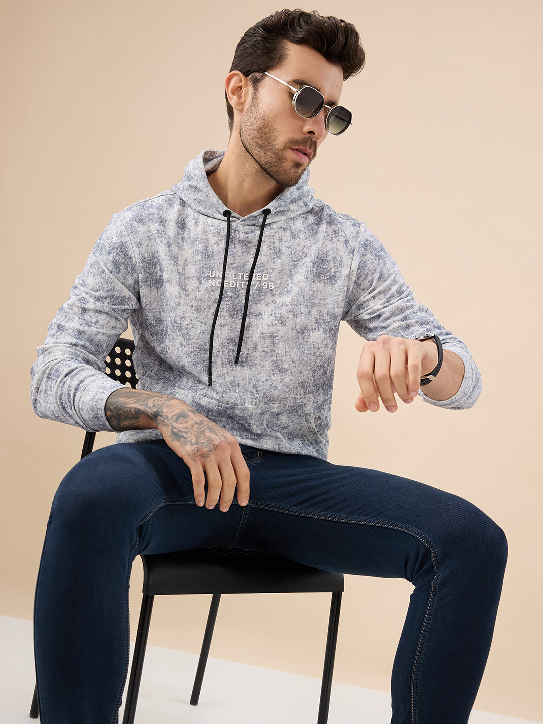 Mens Printed Full Sleeves Hooded Sweatshirt with Kangaroo Pocket