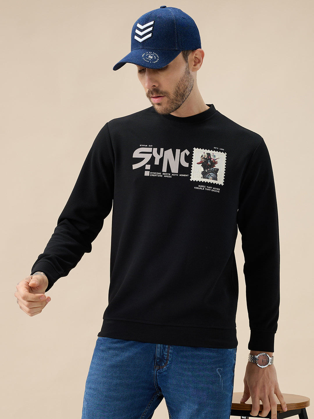 Men's Chest Graphic Print Round Neck Full Sleeves Textured Sweatshirt