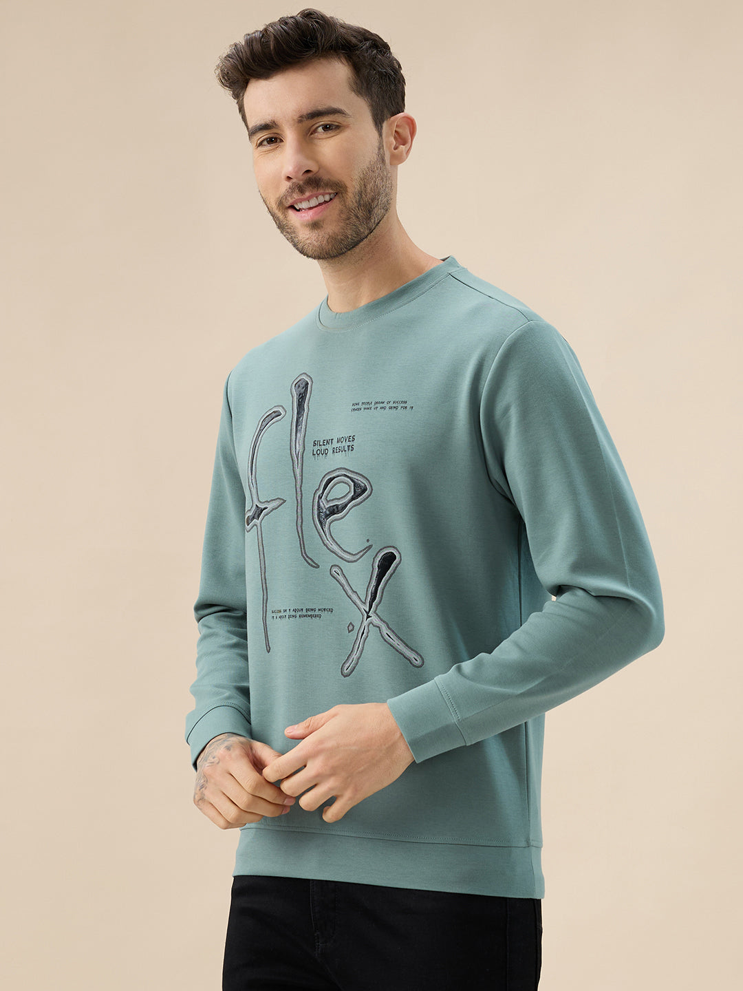 Men's Chest Typography Print Round Neck Full Sleeves Lightweight Sweatshirt