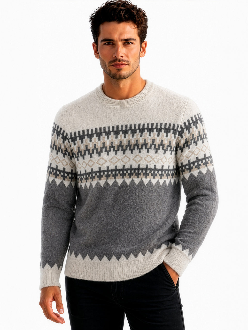 Men Fair Isle Colourblocked Pullover