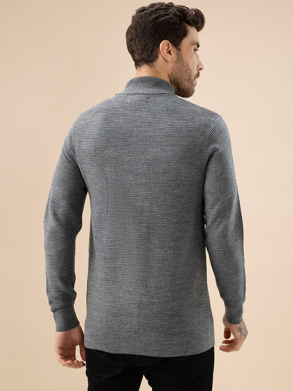 Men's Solid Textured Full Sleeves Turtle Neck Regular Fit Fleece Sweater