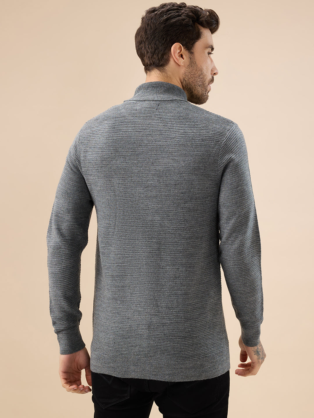 Men's Solid Textured Full Sleeves Turtle Neck Regular Fit Fleece Sweater