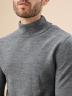 Men's Solid Textured Full Sleeves Turtle Neck Regular Fit Fleece Sweater
