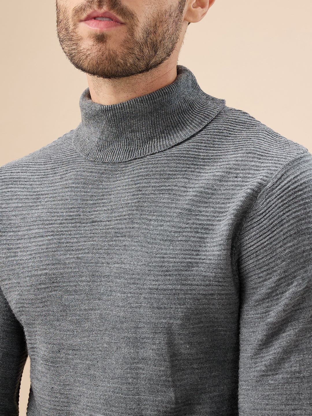 Men's Solid Textured Full Sleeves Turtle Neck Regular Fit Fleece Sweater