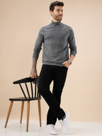Men's Solid Textured Full Sleeves Turtle Neck Regular Fit Fleece Sweater