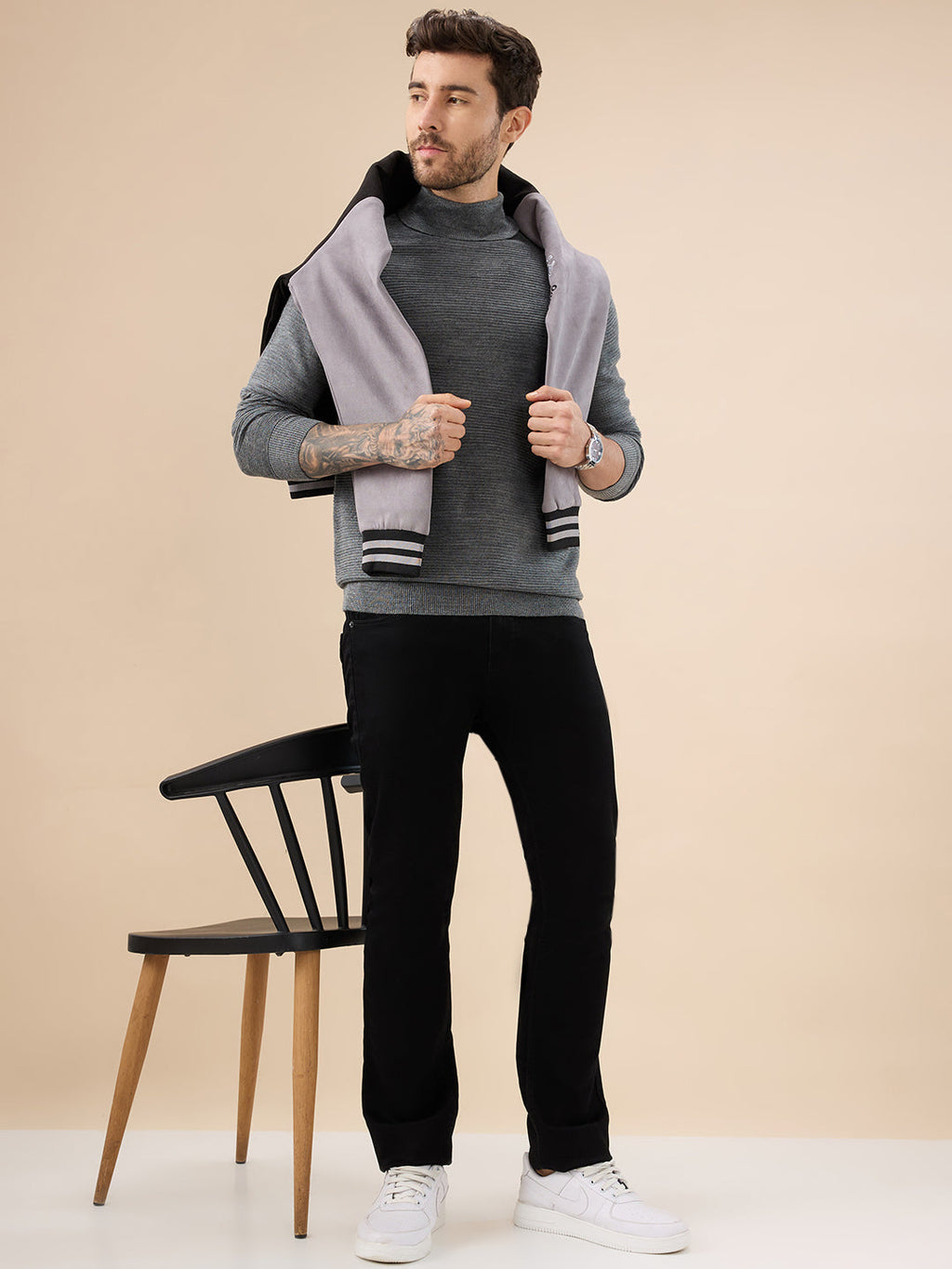Men's Solid Textured Full Sleeves Turtle Neck Regular Fit Fleece Sweater