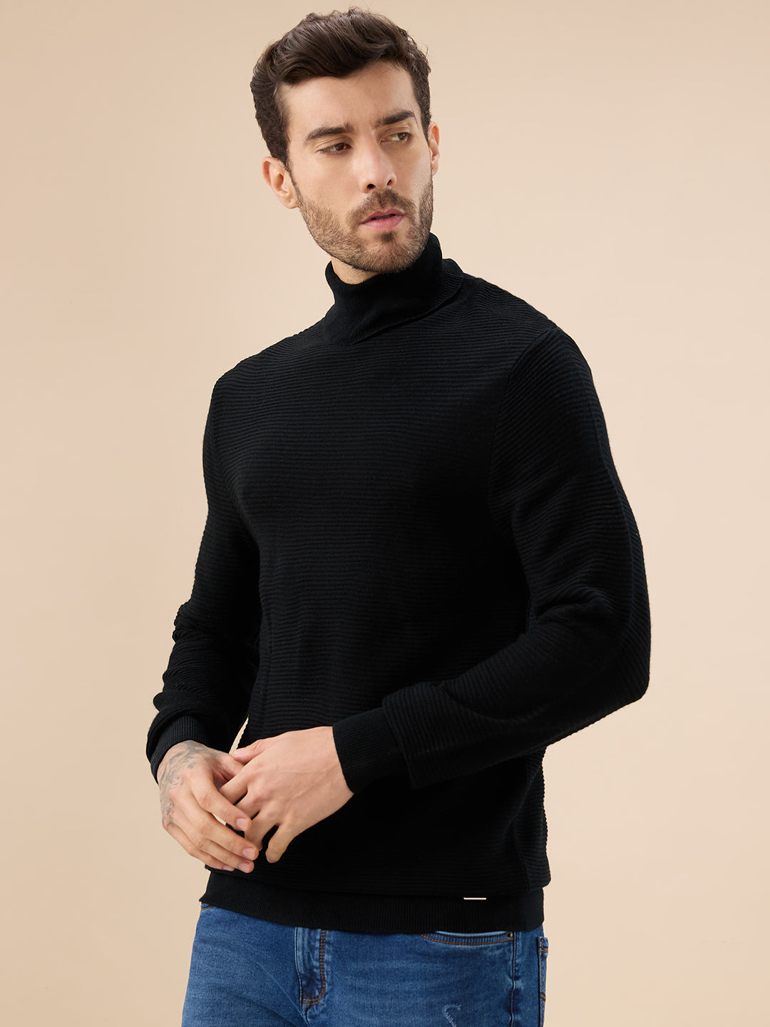 Men's Solid Textured Full Sleeves Turtle Neck Regular Fit Fleece Sweater Secondary image